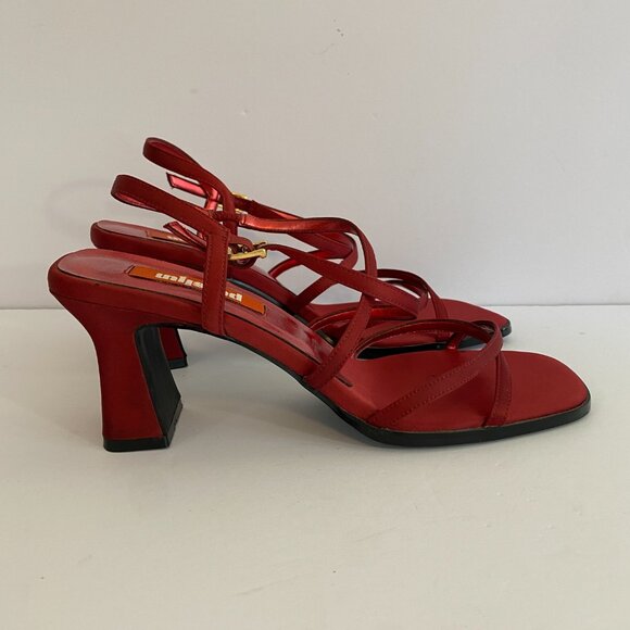Vintage Y2K Unlisted Red Square Toe Open Toe Heeled Sandals Womens 10 Strappy - Picture 3 of 5